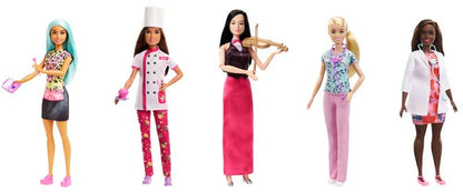 Five Barbie dolls in different professions on a white background