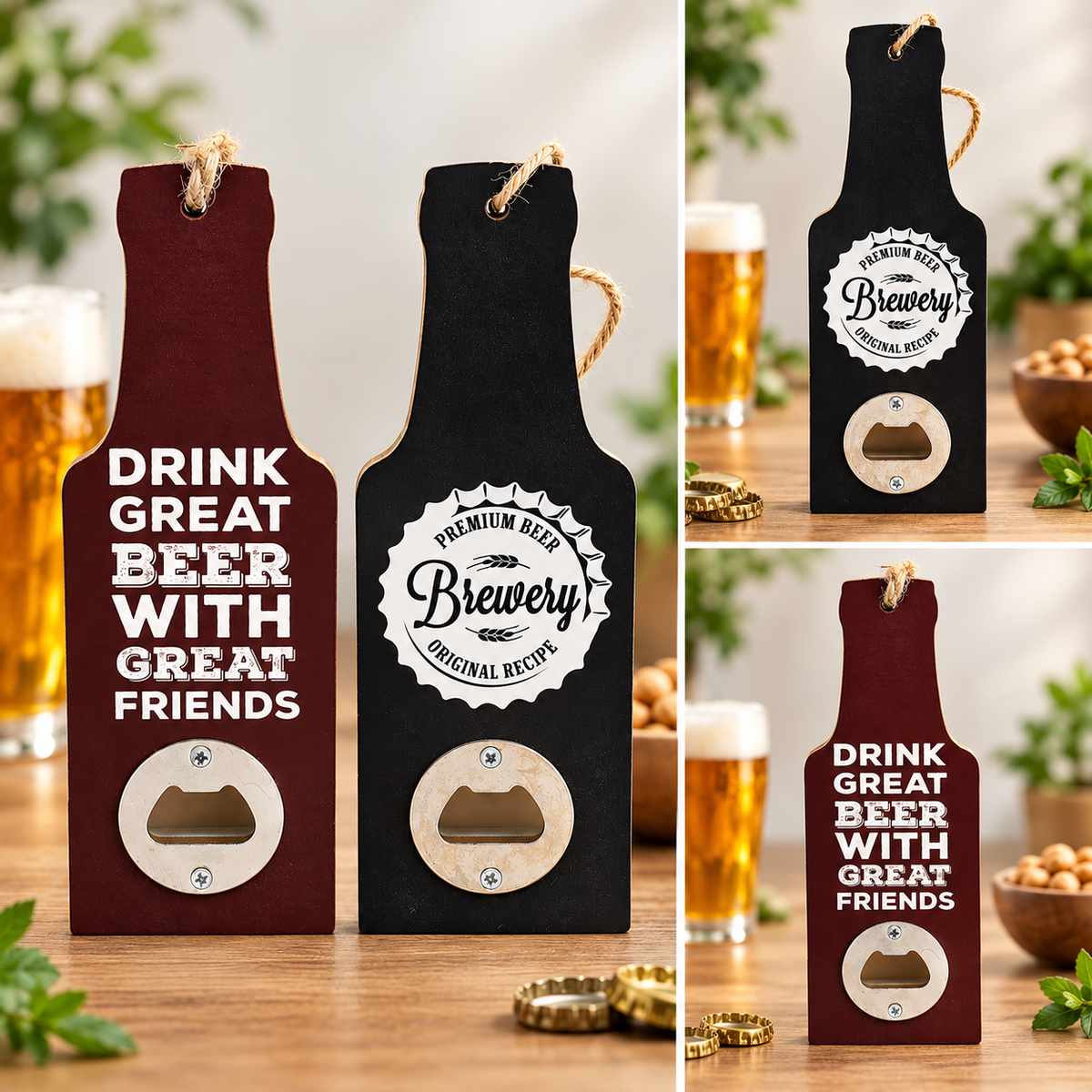 Three wooden bottle-shaped openers displayed on a tabletop, each with a different beer-themed design: one dark red with white text reading 'DRINK GREAT BEER WITH GREAT FRIENDS,' one black with a white circular 'Premium Beer Brewery Original Recipe' seal, and one dark red with the same text as the first. Beer glasses, herbs, and bottle caps are visible in the background and around them.