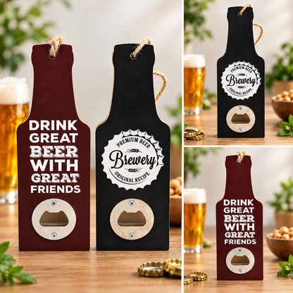 Three wooden bottle-shaped openers displayed on a tabletop, each with a different beer-themed design: one dark red with white text reading 'DRINK GREAT BEER WITH GREAT FRIENDS,' one black with a white circular 'Premium Beer Brewery Original Recipe' seal, and one dark red with the same text as the first. Beer glasses, herbs, and bottle caps are visible in the background and around them.