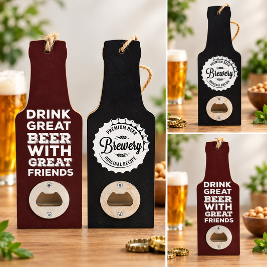 Three wooden bottle-shaped openers displayed on a tabletop, each with a different beer-themed design: one dark red with white text reading 'DRINK GREAT BEER WITH GREAT FRIENDS,' one black with a white circular 'Premium Beer Brewery Original Recipe' seal, and one dark red with the same text as the first. Beer glasses, herbs, and bottle caps are visible in the background and around them.
