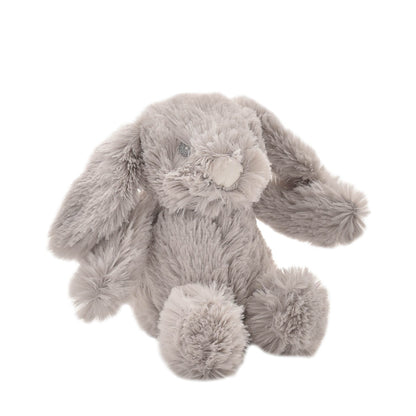 Gray plush rabbit toy on a white background
