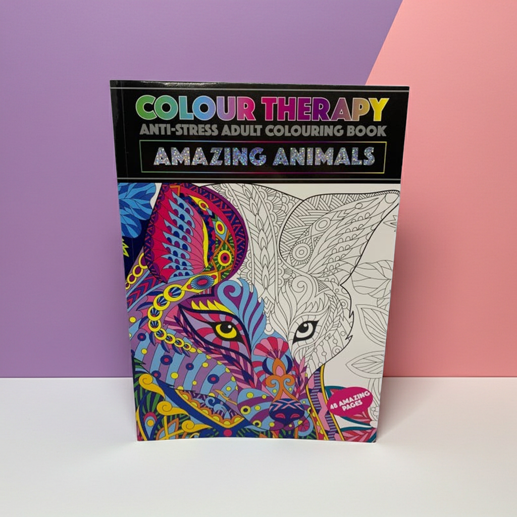 Colour Therapy anti-stress adult coloring book with animal designs on a two-tone background