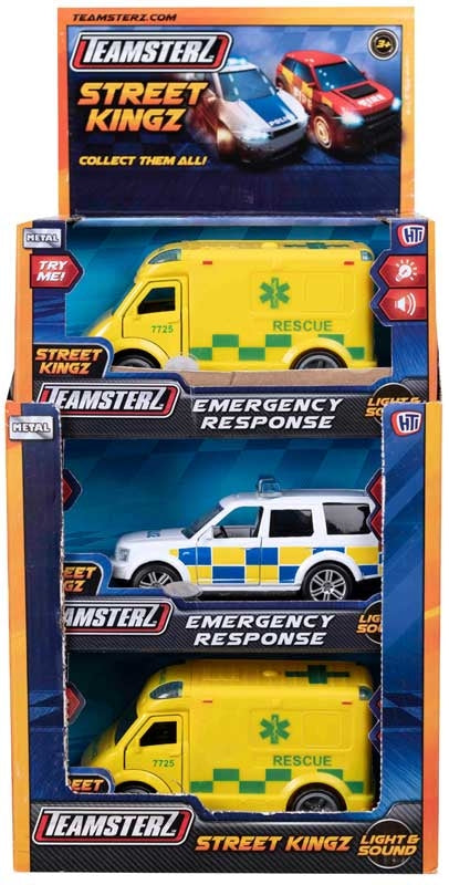 Packaged toy emergency response vehicles, Ambulance and Police with Teamsterz branding sold separately