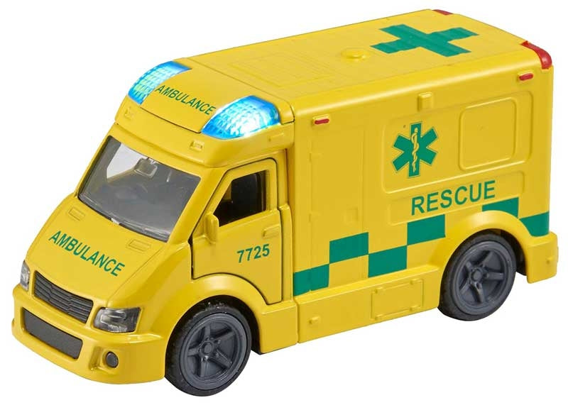 Yellow toy ambulance with green cross and text on a white background