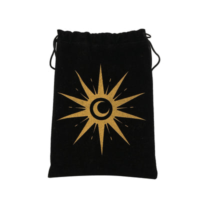 Black drawstring pouch with a gold sun and moon design on a white background