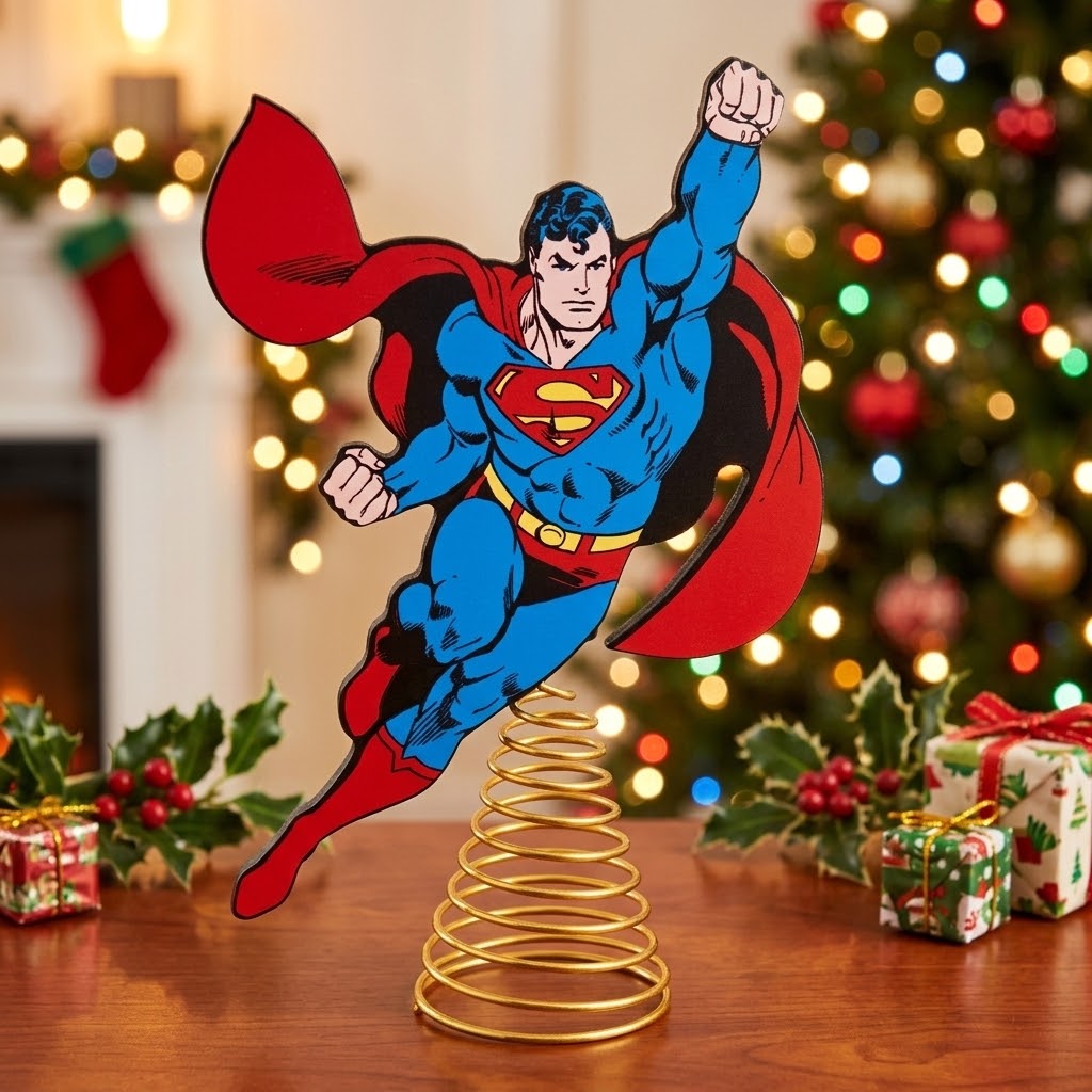 A Superman Christmas table decoration featuring a die-cut Superman figure standing on a gold spiral spring base, displayed on a wooden table in front of a blurred Christmas tree and holiday decorations.
