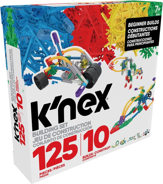 K'NEX 125-piece building set box, 10-piece motor drive set, and 7+ age rating sticker