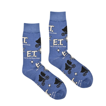 Blue socks with E.T. character and text on a white background