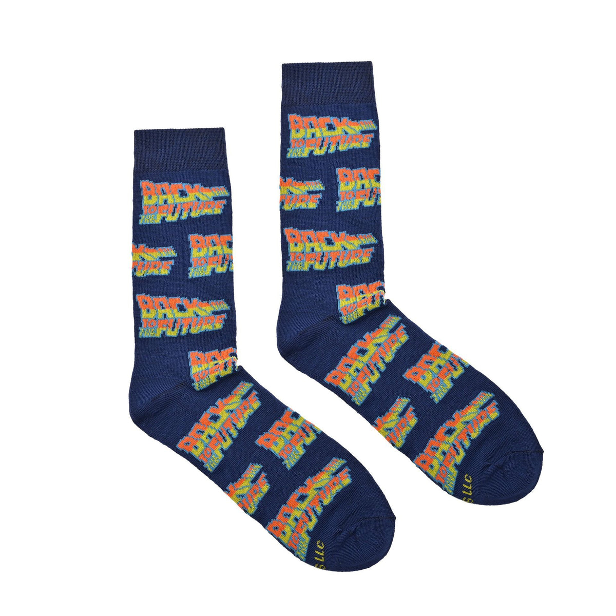 navy blue socks with a colorful 'Back to the Future' on a white background