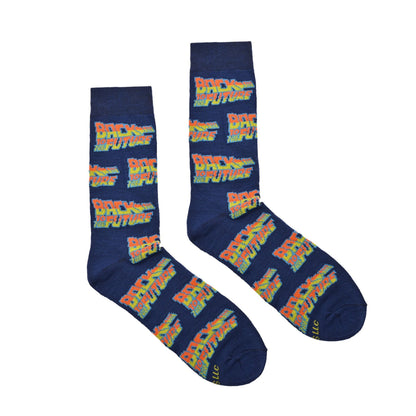 navy blue socks with a colorful 'Back to the Future' on a white background