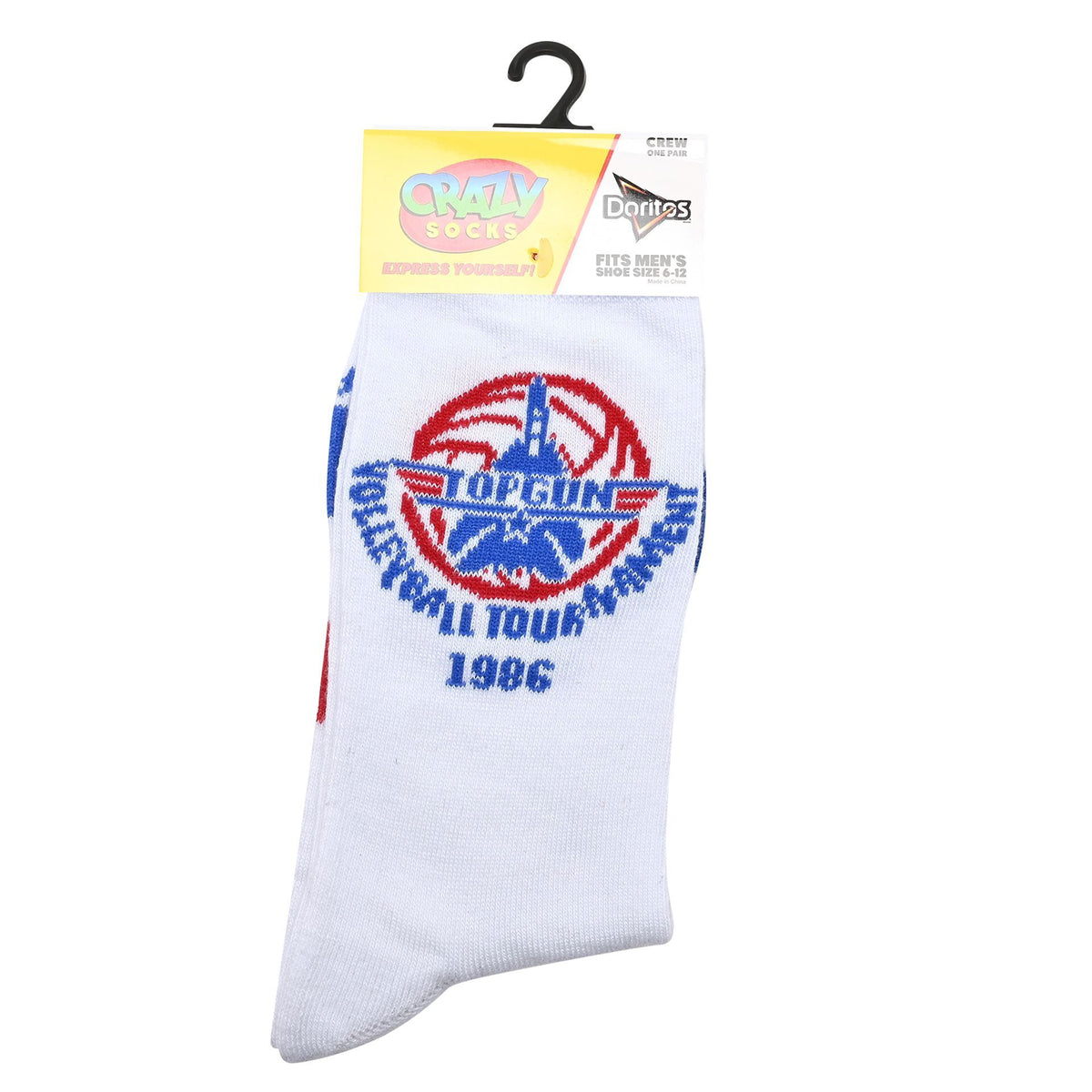 A single white crew sock with a red and blue Top Gun Missile Squadron 1986 graphic, hanging on a black plastic hanger with a 'Crazy Socks' brand tag, against a plain white background.