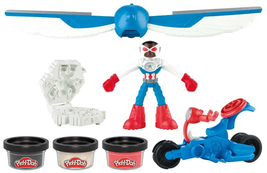 Toy figure with wings, helmet, and Play-Doh containers on a white background