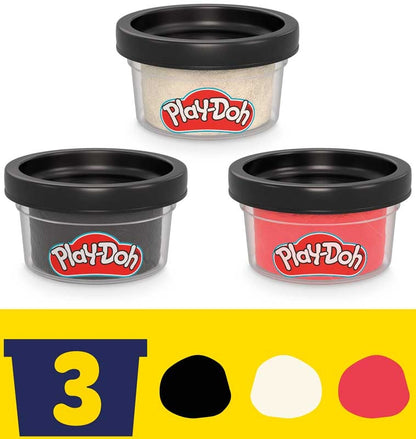Three containers of Play-Doh with black lids on a white background, featuring the Play-Doh logo.