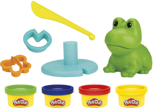 Play-Doh toy set with a frog figure, tools, and color containers on a white background