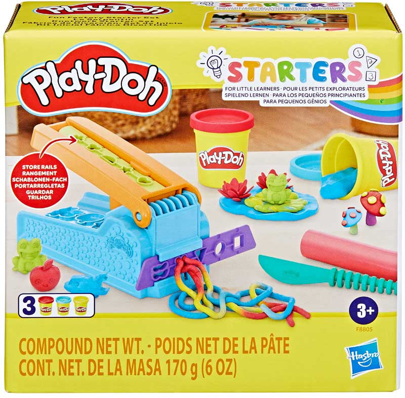Play-Doh Starters set packaging with toys and tools on a yellow background