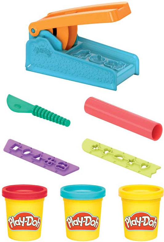 Play-Doh tool set with colorful containers and tools on a white background