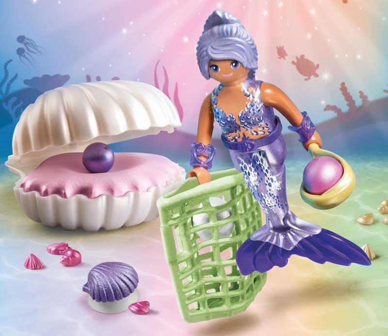 Mermaid toy figure with shell and basket on a colorful background