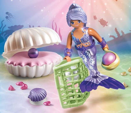 Mermaid toy figure with shell and basket on a colorful background