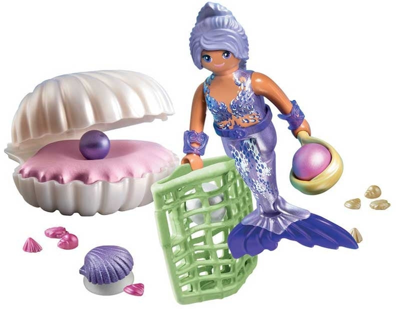 Mermaid toy with shell, basket, and accessories on a white background