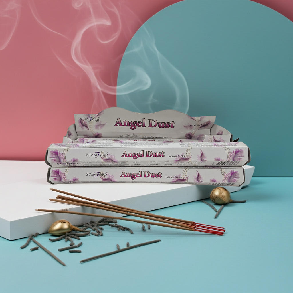 Stack of 'Angel Dust' incense boxes with incense sticks and smoke on a colorful background