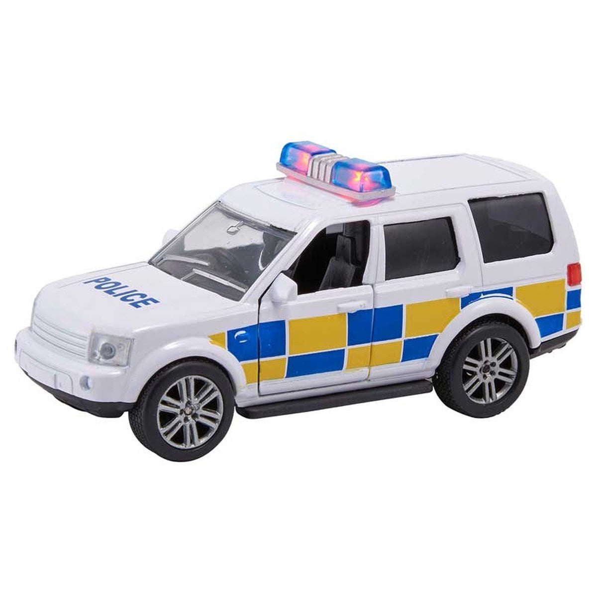 A white toy police SUV with blue and yellow checkered markings and a flashing blue and red light bar on top, shown on a plain white background.