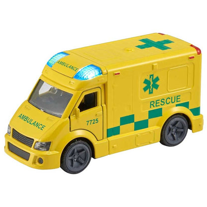 A yellow toy ambulance with green cross and checkered stripe details, blue flashing light accents on the roof, and 'AMBULANCE' and 'RESCUE' text, shown on a plain white background.