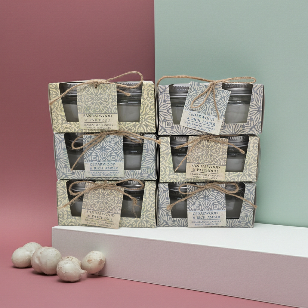 Stack of Scented candle boxes with 2 candles in glass jars per box 1 box has a Cedar wood and rich amber scent and the other has a sandalwood and patchouli scented candles. with decorative packaging on a pink and green gradient background.