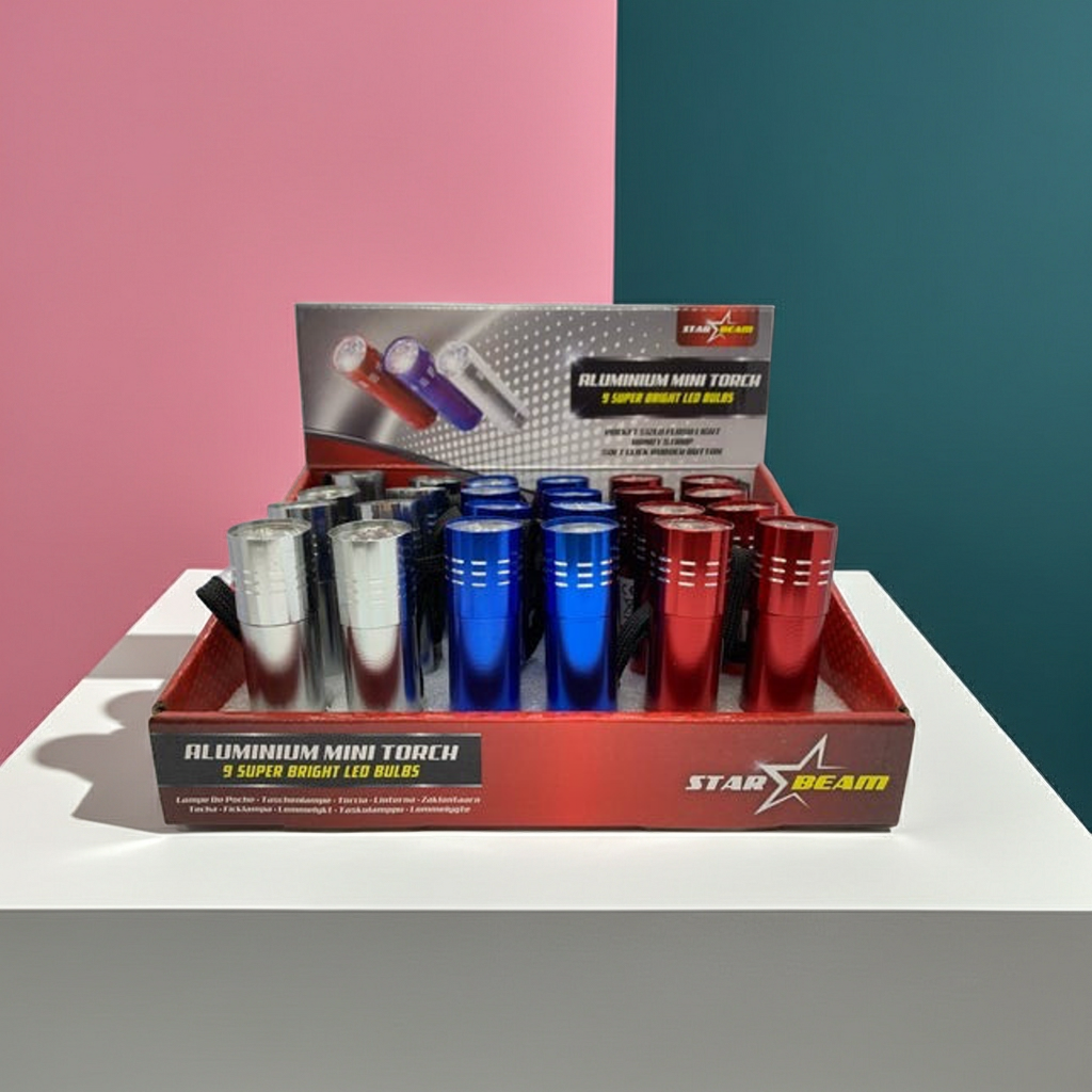 Display of Star Beam aluminum 9 L.E.D superbright mini torches in colours red, blue and silver with a colorful background
