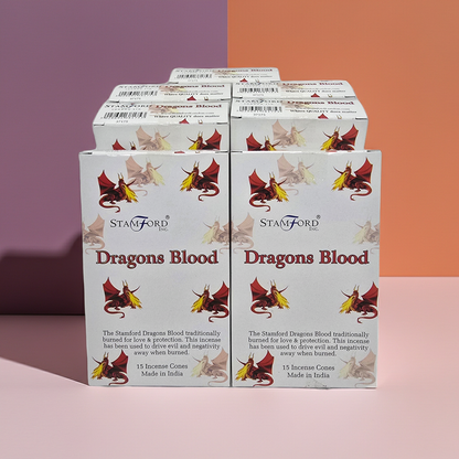 Stamford Dragons Blood incense cones boxes on a two-tone background