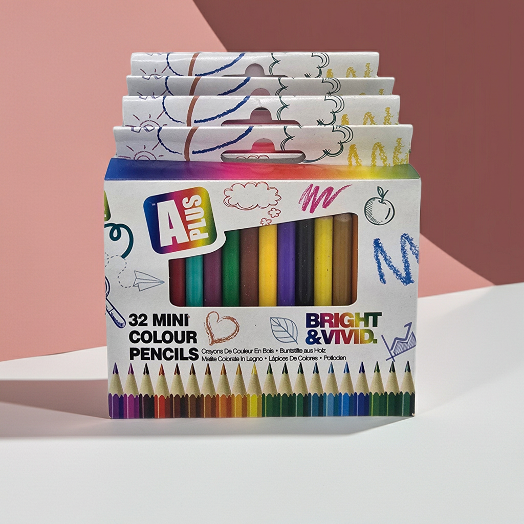 Box of ArtSkills mini color pencils with colorful packaging on a pink background
